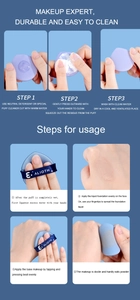 Detailed guide showing steps to clean and use non-latex makeup sponges with dual shapes