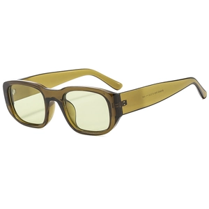 Retro olive green rectangle sunglasses with translucent acetate frame and yellow lenses