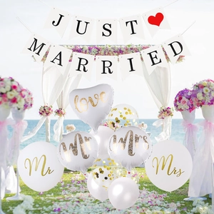 Just Married banner and white gold balloons set for seaside wedding outdoor decoration