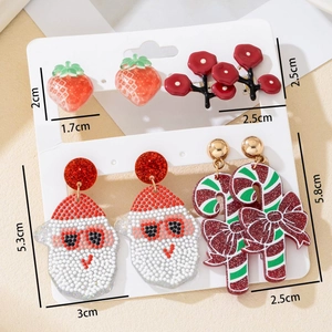 Christmas earrings set featuring Santa, candy cane, and berries with size measurements
