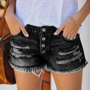 Close-up of high-waisted black denim shorts featuring button fly and distressed frayed hems