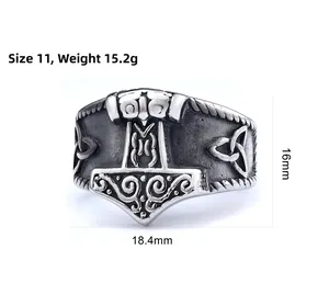 Detail of Viking Thor Hammer ring with Celtic knots, size 11, weight 15.2g, steel