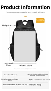 Detail view of black backpack showing 15.6 inch laptop compartment and size specs