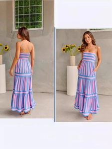 Sleeveless striped maxi dress with tiered skirt and smocked back in blue and pink