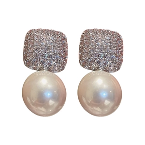 Elegant square zircon and round pearl stud earrings in polished silver finish