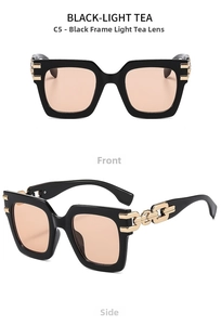 Detail of square sunglasses with gold chain temples and light tea lenses C5