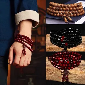 Classic 108 sandalwood prayer beads bracelet with Chinese knot tassel in three wood tones