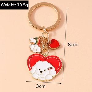 Detailed view of dog charm keychain with dimensions 8cm height and 10.5g weight