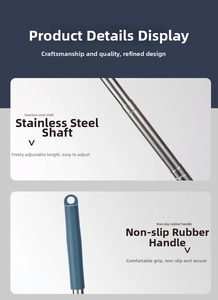 Detail of extendable stainless steel pole with blue anti-slip rubber handle and hook