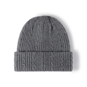 Winter thick double-layer dark grey cable knit beanie with warm folded cuff for men and women