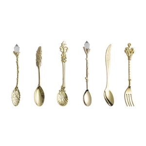5-piece gold vintage royal coffee spoon and dessert fork set with ornate crystal handles