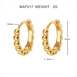Detailed size view of gold beaded hoop earrings with 13mm height and 2mm width specs