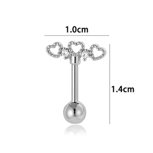 Titanium steel heart barbell piercing with hollow designs and crystals, 14mm length