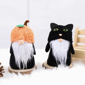 Halloween gnome plush dolls with pumpkin and black cat hats on wooden bases