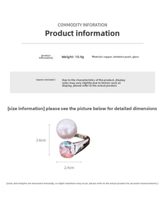 Detailed size chart for pearl and crystal open ring with exact dimensions and 10.9g weight