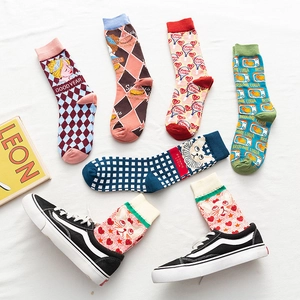 Lolita style mid-calf socks featuring creative cartoon cat and graffiti illustrations