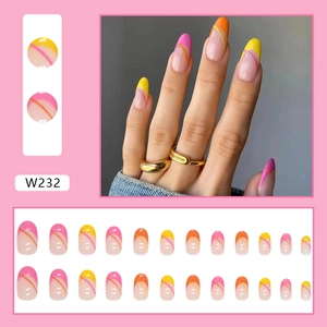 Detail of colorful French wave press on nails kit with 24 pieces and model hand display