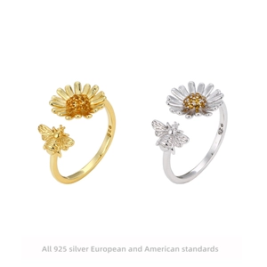 925 Sterling Silver Bee Daisy Open Ring Yellow Zircon Adjustable Sunflower Jewelry For Women
