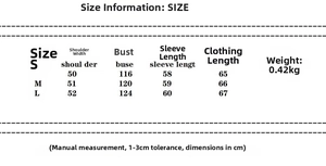 Size chart for floral quilted jacket showing shoulder, bust, sleeve, and length in cm