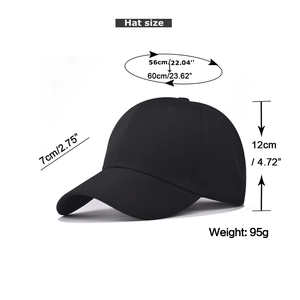 Size guide for plain 6-panel baseball cap showing brim length and adjustable head circumference