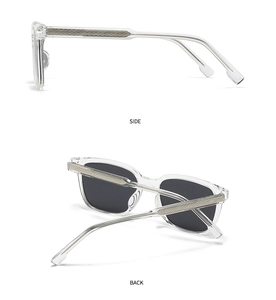 Side and back view of polarized square sunglasses with gray textured metal temples