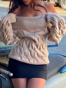 Minimalist beige off-shoulder cable knit long sleeve sweater for women, elegant knitwear