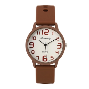Brown silicone sports watch with large red numeric dial and white quartz display