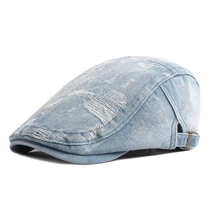 Vintage light blue distressed denim flat cap with ripped details and side metal buckle