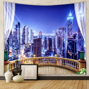 Modern cityscape tapestry detail with night view skyscrapers and window frame design