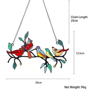 Detail view of five stained-glass birds on a branch with hanging chain dimensions