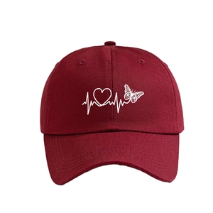 Classic wine red baseball cap featuring embroidered heart rate line and butterfly patterns