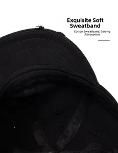 Detail of a black cotton baseball cap showing the breathable sweatband and inner stitching
