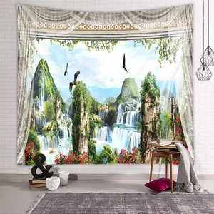 Close-up of landscape tapestry featuring majestic mountain waterfalls and vintage valance decor