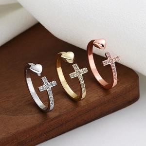 Copper Open Adjustable Ring With Zircon Cross And Heart Geometric Fashion Jewelry For Women