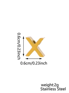 Macro shot of 0.6cm gold-plated stainless steel letter X charm with size and weight specs