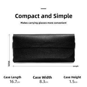 Detail of a slim black litchi leather sunglasses case with precise dimensions 16.7x8.3x1.5cm
