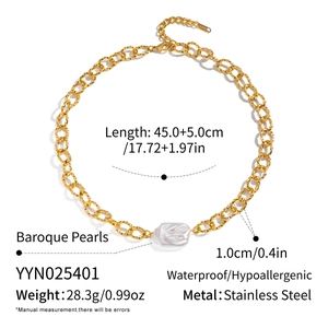 Détails du collier chaîne en acier inoxydable avec perle baroque et dimensions