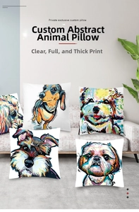 Close-up of artistic dog print pillows on grey sofa with clear digital printing detail