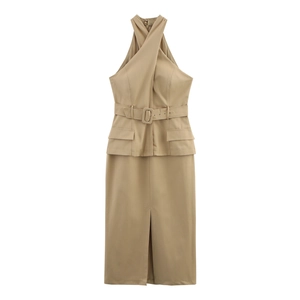 Halter Neck Midi Dress Polyester Faux Layered Peplum Crossover Chest Belt Elegant High Waist Slit Office Dress Women