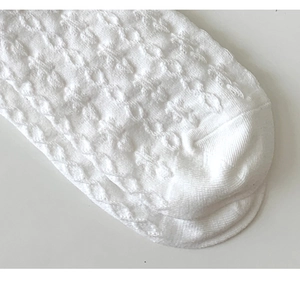 Close-up of white knit socks featuring breathable diamond mesh patterns and seam details