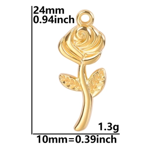 Detailed view of golden rose pendant with size dimensions in mm and inches