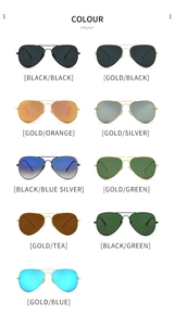 Nine pilot sunglasses styles with gold and black metal frames and colorful mirror lenses