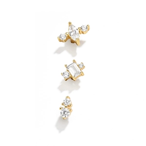 Set of three S925 sterling silver gold geometric stud earrings with clear sparkling zircon
