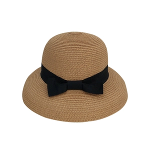 French style khaki straw sun hat with black ribbon bow for women's summer vacation