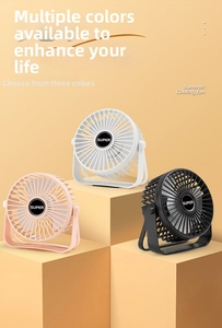 Detailed view of portable desktop USB fans in white pink and black on minimalist stands