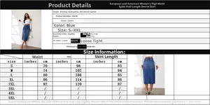Gedetailleerde maattabel voor dames spijkerrok met hoge taille en split in blauw denim