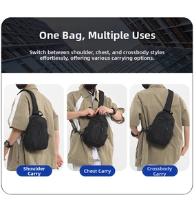 Detailed view of black Oxford fabric chest bag showing multi-pocket layered structure
