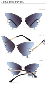 Three views of rimless butterfly sunglasses with blue-grey gradient lenses and gold chain arms