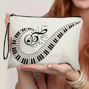 Portable white canvas makeup bag with piano keyboard design and music note pattern