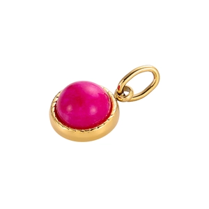 Close-up of rose red round gemstone pendant with gold plated stainless steel textured edge
